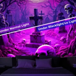 Halloween Skulls Blacklight Tapestry UV Reactive Glow in the Dark Misty Graveyard Hanging Tapestry Wall Art Mural for Living Room Bedroom