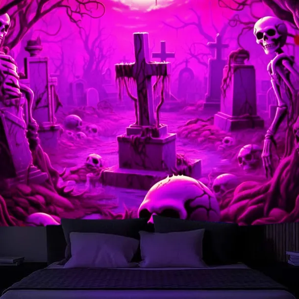 Halloween Skulls Blacklight Tapestry UV Reactive Glow in the Dark Misty Graveyard Hanging Tapestry Wall Art Mural for Living Room Bedroom