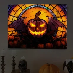 Halloween Stained Glass Pumpkin LED Canvas Wall Art - Battery Operated Lighted Wall Decor for 2025 Halloween home decoration light livingroom and bedroom