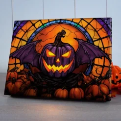 Halloween Stained Glass Pumpkin LED Canvas Wall Art - Battery Operated Lighted Wall Decor for 2025 Halloween home decoration light livingroom and bedroom