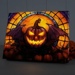 Halloween Stained Glass Pumpkin LED Canvas Wall Art - Battery Operated Lighted Wall Decor for 2025 Halloween home decoration light livingroom and bedroom