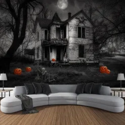 Halloween Tapestry Art Decoration Blanket Curtains Hanging Home Bedroom Living Room Decoration Pumpkin Ghost Skull Ghost House Eerie And Terrifying Halloween Decorations