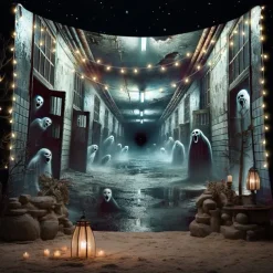 Halloween Tapestry Banners Wall Hangings Skeleton Ghost Dark Punk Gothic Style Party Dorm Shooting Backgrounds Decorations Wall Door Background