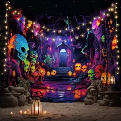 Halloween Tapestry Banners Wall Hangings Skeleton Colorful Fantasy Party Dorm Shooting Backgrounds Decorations Wall Door Background