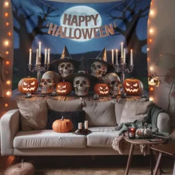 Halloween Tapestry Banners Blanket Skeleton Dark Punk Gothic Style Party Dorm Shooting Backgrounds Decorations Wall Door Background