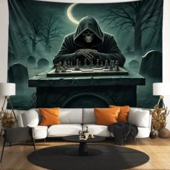 Halloween Tapestry Banners Blanket Grim Reaper 3D Dark Punk Gothic Style Party Dorm Shooting Backgrounds Decorations Wall Door Background
