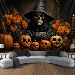 Halloween Tapestry Banners Blanket Skeleton Grim Reaper Dark Punk Gothic Style Party Dorm Shooting Backgrounds Decorations Wall Door Background