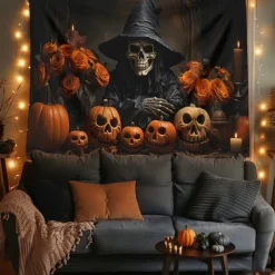 Halloween Tapestry Banners Blanket Skeleton Grim Reaper Dark Punk Gothic Style Party Dorm Shooting Backgrounds Decorations Wall Door Background