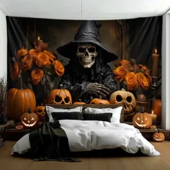 Halloween Tapestry Banners Blanket Skeleton Grim Reaper Dark Punk Gothic Style Party Dorm Shooting Backgrounds Decorations Wall Door Background