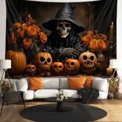 Halloween Tapestry Banners Blanket Skeleton Grim Reaper Dark Punk Gothic Style Party Dorm Shooting Backgrounds Decorations Wall Door Background