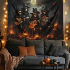 Halloween Tapestry Banners Blanket Skeleton Grim Reaper Dark Punk Gothic Style Party Dorm Shooting Backgrounds Decorations Wall Door Background