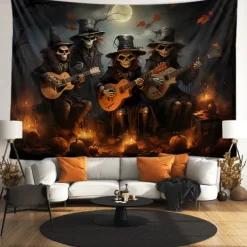 Halloween Tapestry Banners Blanket Skeleton Grim Reaper Dark Punk Gothic Style Party Dorm Shooting Backgrounds Decorations Wall Door Background