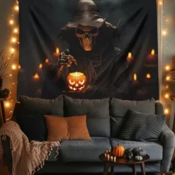 Halloween Tapestry Banners Blanket Skeleton Grim Reaper Dark Punk Gothic Style Party Dorm Shooting Backgrounds Decorations Wall Door Background