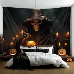 Halloween Tapestry Banners Blanket Skeleton Grim Reaper Dark Punk Gothic Style Party Dorm Shooting Backgrounds Decorations Wall Door Background