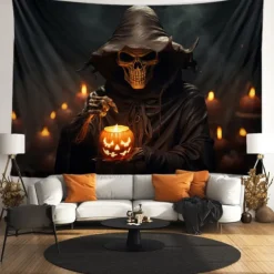 Halloween Tapestry Banners Blanket Skeleton Grim Reaper Dark Punk Gothic Style Party Dorm Shooting Backgrounds Decorations Wall Door Background