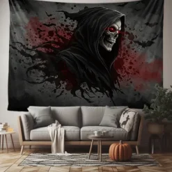 Halloween Tapestry Banners Wall Hangings Grim Reaper 3D Dark Punk Gothic Style Party Dorm Shooting Backgrounds Decorations Wall Door Background