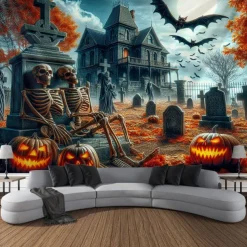 Halloween Tapestry Banners Wall Hangings Skeleton Pumpkin Dark Punk Gothic Style Party Dorm Shooting Backgrounds Decorations Wall Door Background