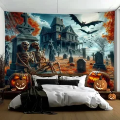Halloween Tapestry Banners Wall Hangings Skeleton Pumpkin Dark Punk Gothic Style Party Dorm Shooting Backgrounds Decorations Wall Door Background