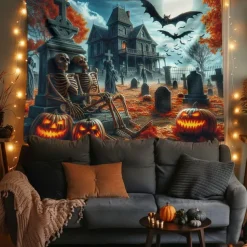 Halloween Tapestry Banners Wall Hangings Skeleton Pumpkin Dark Punk Gothic Style Party Dorm Shooting Backgrounds Decorations Wall Door Background