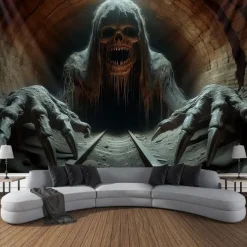 Halloween Tapestry Banners Wall Hangings Skeleton Grim Reaper 3D Dark Punk Gothic Style Party Dorm Shooting Backgrounds Decorations Wall Door Background