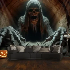 Halloween Tapestry Banners Wall Hangings Skeleton Grim Reaper 3D Dark Punk Gothic Style Party Dorm Shooting Backgrounds Decorations Wall Door Background