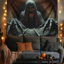Halloween Tapestry Banners Wall Hangings Skeleton Grim Reaper 3D Dark Punk Gothic Style Party Dorm Shooting Backgrounds Decorations Wall Door Background