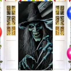 Halloween Tapestry Door Cover Outdoor Banners Witch Psychedelic Dark Punk Gothic Style Party Outdoor Shooting Backgrounds Front Door Wall Porch Decorations Wall Door Background