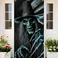 Halloween Tapestry Door Cover Outdoor Banners Witch Psychedelic Dark Punk Gothic Style Party Outdoor Shooting Backgrounds Front Door Wall Porch Decorations Wall Door Background