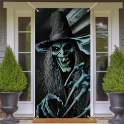 Halloween Tapestry Door Cover Outdoor Banners Witch Psychedelic Dark Punk Gothic Style Party Outdoor Shooting Backgrounds Front Door Wall Porch Decorations Wall Door Background