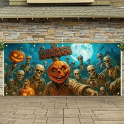 Halloween Tapestry Garage Door Cover Large Hanging Backdrop Pumpkin Ghost Dark Punk Gothic Style Party Outdoor Shooting Backgrounds Yard Haunted House Decorations Wall Door Background