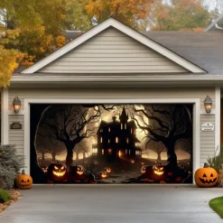 Halloween Tapestry Garage Door Cover Large Hanging Backdrop Pumpkin Castle Dark Punk Gothic Style Party Outdoor Shooting Backgrounds Front Door Decorations Wall Door Background