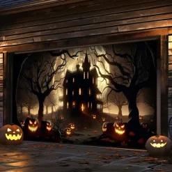 Halloween Tapestry Garage Door Cover Large Hanging Backdrop Pumpkin Castle Dark Punk Gothic Style Party Outdoor Shooting Backgrounds Front Door Decorations Wall Door Background