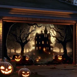 Halloween Tapestry Garage Door Cover Large Hanging Backdrop Pumpkin Castle Dark Punk Gothic Style Party Outdoor Shooting Backgrounds Front Door Decorations Wall Door Background