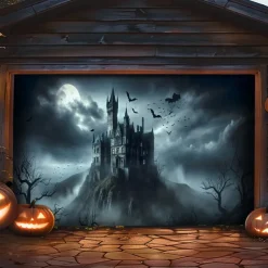 Halloween Tapestry Garage Door Cover Large Hanging Backdrop Pumpkin Castle Dark Punk Gothic Style Party Outdoor Shooting Backgrounds Front Door Decorations Wall Door Background