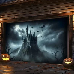 Halloween Tapestry Garage Door Cover Large Hanging Backdrop Pumpkin Castle Dark Punk Gothic Style Party Outdoor Shooting Backgrounds Front Door Decorations Wall Door Background