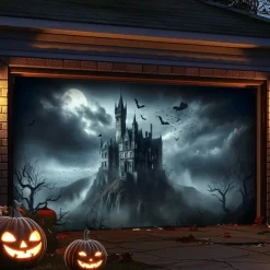 Halloween Tapestry Garage Door Cover Large Hanging Backdrop Pumpkin Castle Dark Punk Gothic Style Party Outdoor Shooting Backgrounds Front Door Decorations Wall Door Background