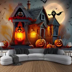 Halloween Tapestry Wall Art Large Tapestry Mural Decoration Photo Background Blanket Curtains Family Bedroom Living Room Decoration Horror Pumpkin Monster Witch Haunted House Halloween Decorations