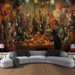 Halloween Tapestry Wall Art Large Tapestry Mural Decoration Photo Background Blanket Curtains Family Bedroom Living Room Decoration Horror Pumpkin Monster Witch Haunted House Halloween Decorations