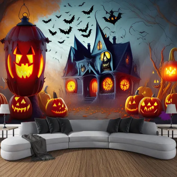 Halloween Tapestry Wall Art Large Tapestry Mural Decoration Photo Background Blanket Curtains Family Bedroom Living Room Decoration Horror Pumpkin Monster Witch Haunted House Halloween Decorations
