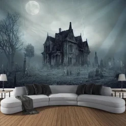Halloween Tapestry Wall Art Large Tapestry Mural Decoration Photo Background Blanket Curtains Family Bedroom Living Room Decoration Horror Pumpkin Monster Witch Haunted House Halloween Decorations