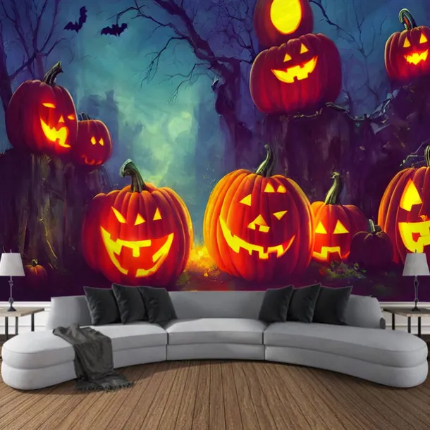 Halloween Tapestry Wall Art Large Tapestry Mural Decoration Photo Background Blanket Curtains Family Bedroom Living Room Decoration Horror Pumpkin Monster Witch Haunted House Halloween Decorations