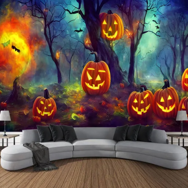 Halloween Tapestry Wall Art Large Tapestry Mural Decoration Photo Background Blanket Curtains Family Bedroom Living Room Decoration Horror Pumpkin Monster Witch Haunted House Halloween Decorations