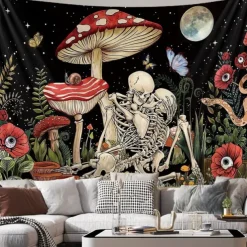 Halloween Tapestry Wall Hangings Skeleton Mushroom Vintage Boho Bedroom Living Room Dorm Decorations Wall Door Background