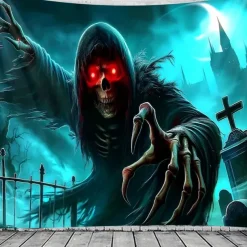 Halloween Tapestry Wall Hanging – Grim Reaper, Creepy Cemetery Scene under Bright Full Moon, Scary Gothic Horror Wall Art for 2025 Halloween Decoration