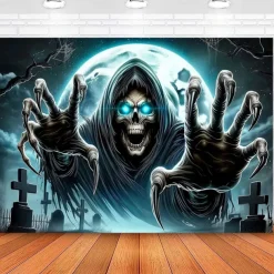Halloween Tapestry Wall Hanging – Grim Reaper, Creepy Cemetery Scene under Bright Full Moon, Scary Gothic Horror Wall Art for 2025 Halloween Decoration