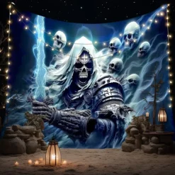 Halloween Tapestry Wall Hanging – Grim Reaper, Creepy Cemetery Scene under Bright Full Moon, Scary Gothic Horror Wall Art for 2025 Halloween Decoration