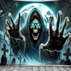 Halloween Tapestry Wall Hanging – Grim Reaper, Creepy Cemetery Scene under Bright Full Moon, Scary Gothic Horror Wall Art for 2025 Halloween Decoration