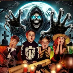 Halloween Tapestry Wall Hanging – Grim Reaper, Creepy Cemetery Scene under Bright Full Moon, Scary Gothic Horror Wall Art for 2025 Halloween Decoration