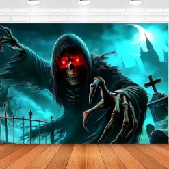 Halloween Tapestry Wall Hanging – Grim Reaper, Creepy Cemetery Scene under Bright Full Moon, Scary Gothic Horror Wall Art for 2025 Halloween Decoration