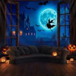 Halloween Town Wall Tapestry – Spooky Night Village with Moon, Bats and Haunted Houses, Blue Gothic Wall Hanging for 2025 Halloween Party, Bedroom, Living Room Decoration